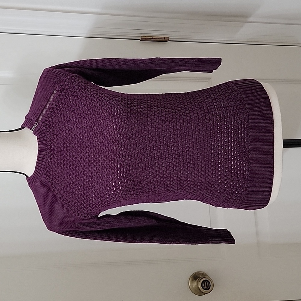 LOFT Size XS Purple 100% Cotton Long Sleeve Sweater, Zipper Detail at Shoulder